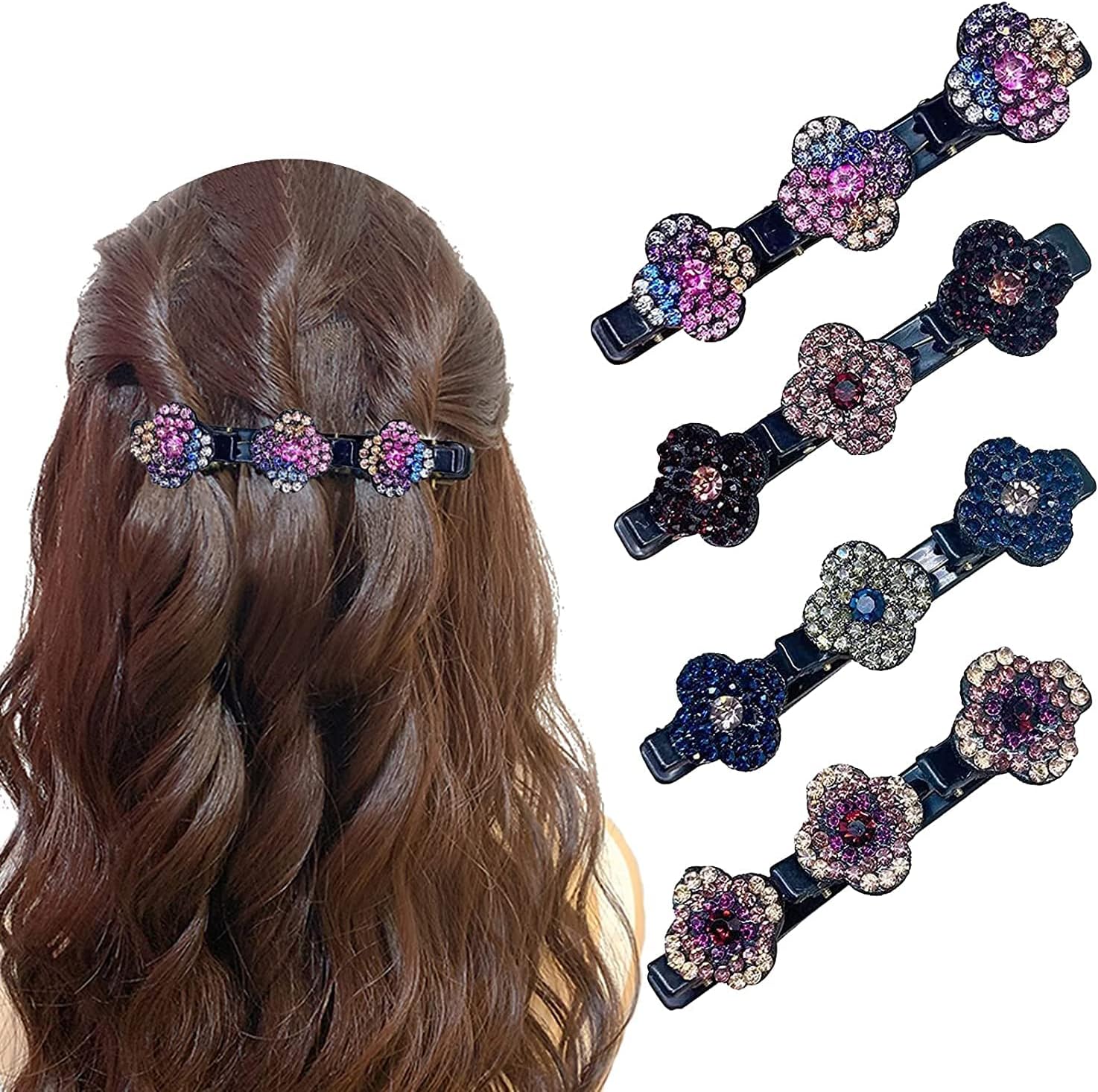 Satin Fabric Hair Bands, Four-Leaf Clover Chopped Hairpin Duckbill Clip, Braided Hair Clip with Rhinestones for Women/Girls (4pcs)