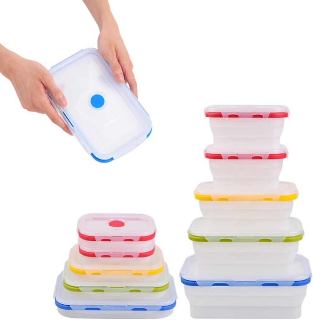 ECOBERI Collapsible Food Storage Containers, Premium Silicone, BPA Free, Airtight Snap-Top Lids, Microwave and Dishwasher Safe, set of 5
